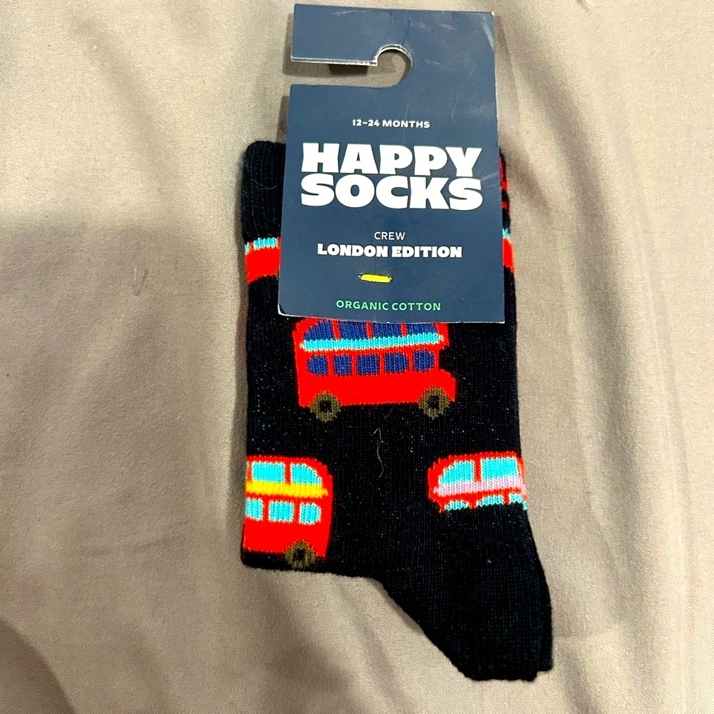 Happy Socks Black Crew Socks with Red and Blue Bus Design